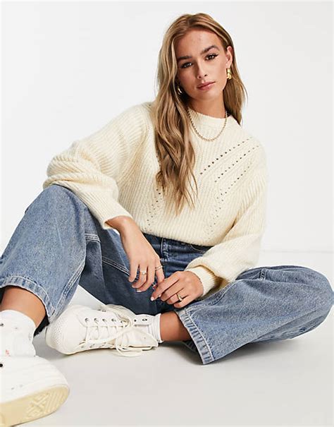 Bershka Chunky Yarn Crew Neck Jumper In Ecru Asos