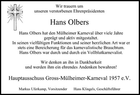 Traueranzeigen Von Hans Olbers Trauer In Nrw De