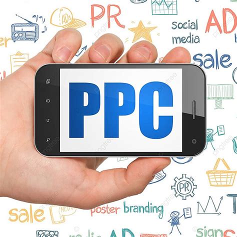 يد تمسك الهاتف الذكي الذي يعرض Ppc في مفهوم إعلاني صورة الخلفية والصورة