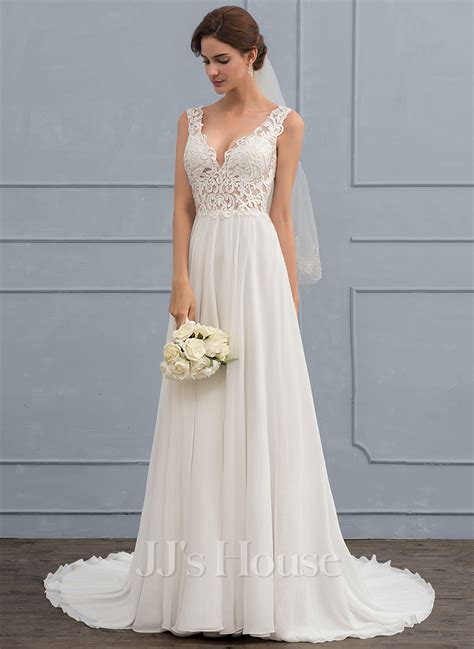 A Line Princess V Neck Court Train Chiffon Wedding Dress 002118434