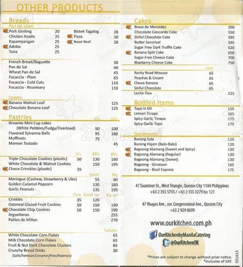 Menu at Our kitchen restaurant, Quezon City, 47 Visayas Avenue Corner Congressional Avenue