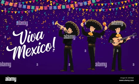 Viva México vector banner Músicos Mariachi mexicanos banda en sombrero