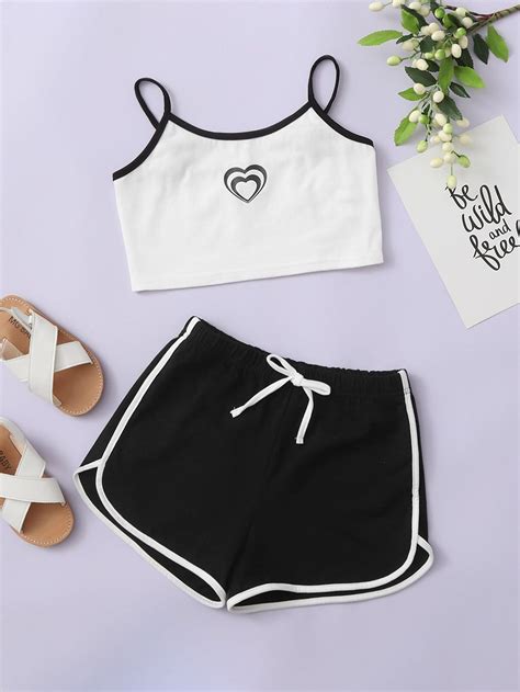 Shein Girls Heart Print Contrast Binding Cami Top Knot Front Shorts