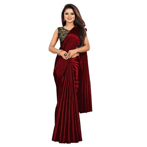 Kiona Fashion Party Wear Maroon Satin Plain Shiny Saree With Jacquard