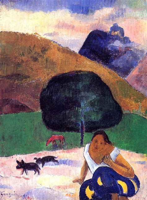 Landscape With Black Pigs And A Crouching Tahitian Painting Paul