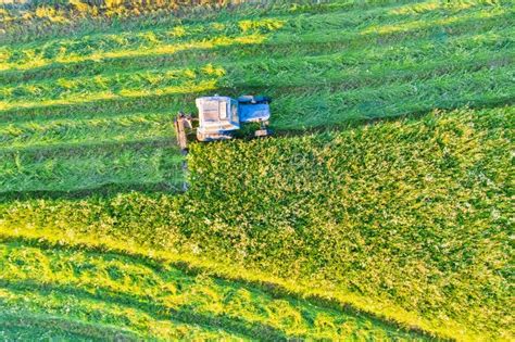 Siembra Aérea De La Zona De La Granja Tractor Agrícola Traba Hierba Con