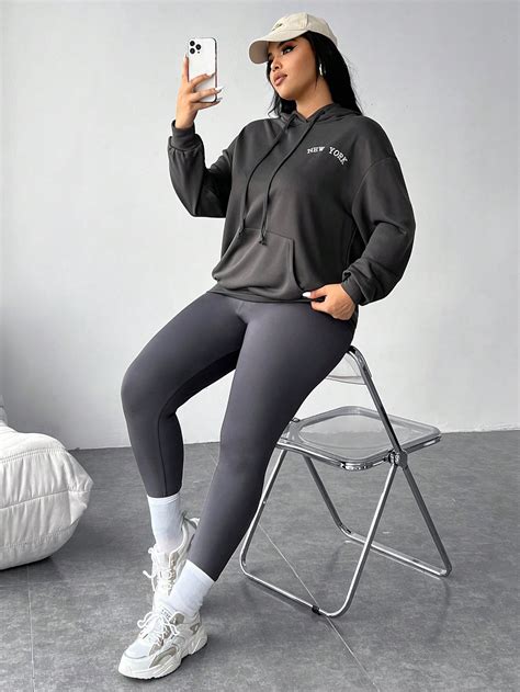 Shein Ezwear Conjunto De Moletom E Cal As Leggings Para Mulheres Plus Size