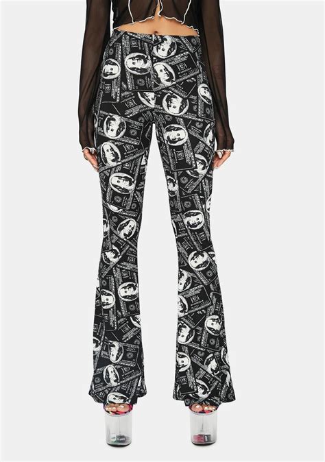 Money Print High Waisted Flared Pants Charcoal Dolls Kill