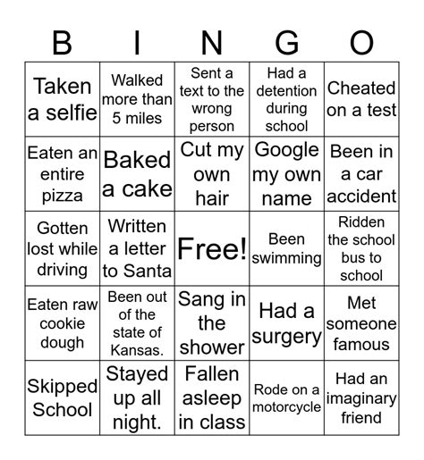 Never Have I Ever Bingo Card