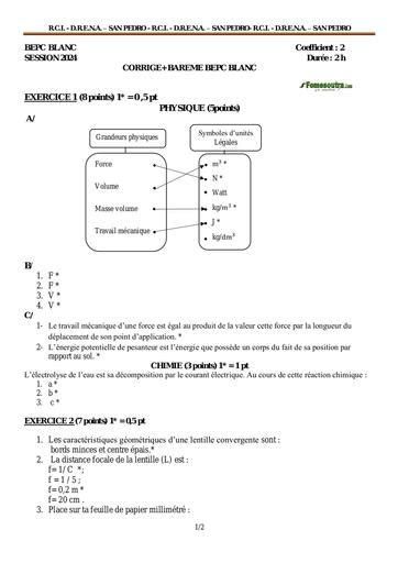 Corrigé et bareme SUJET 1 BEPC PHYSIQUE CHIMIE 2024 dren san pedro by Tehua