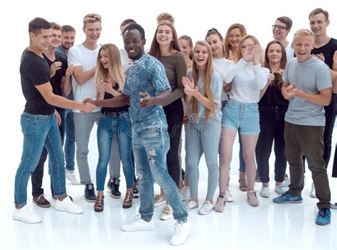 Happy Guy Standing In Front Of His Friends Team Stock Image Image Of