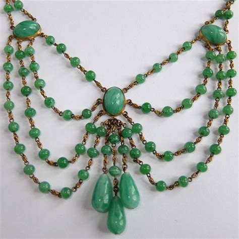 Antique Art Nouveau Deco Multi Chain Green Czech Glass Festoon Bib