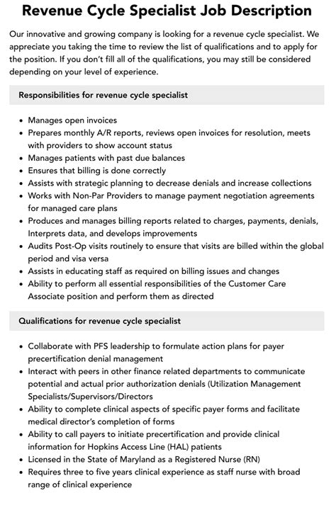 Revenue Cycle Specialist Job Description Velvet Jobs