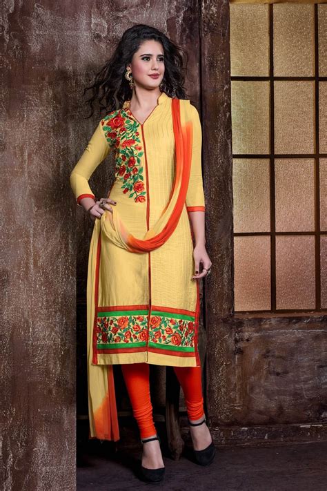 Cream Cotton Kameez With Churidar 58922 Cotton Suit Designs Suits