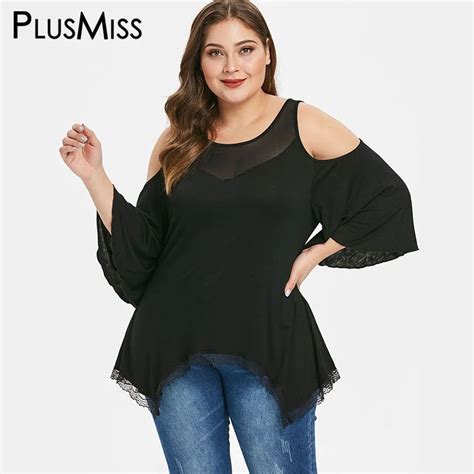 Plusmiss Plus Size Xxxxxl Cold Shoulder Mesh Lace Black Blouse Xxxxl