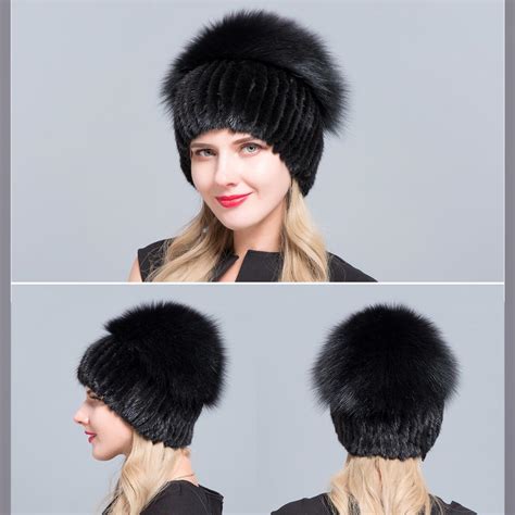 Satın Alın Jeryafur Warm Real Natural Mink Fur Hat Female Mix Color Sliver Fox Fur Women Winter