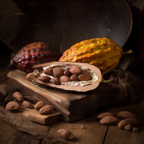 Premium Ai Image Cacao Fruit Raw Cacao Beans Cocoa Pod On Wooden