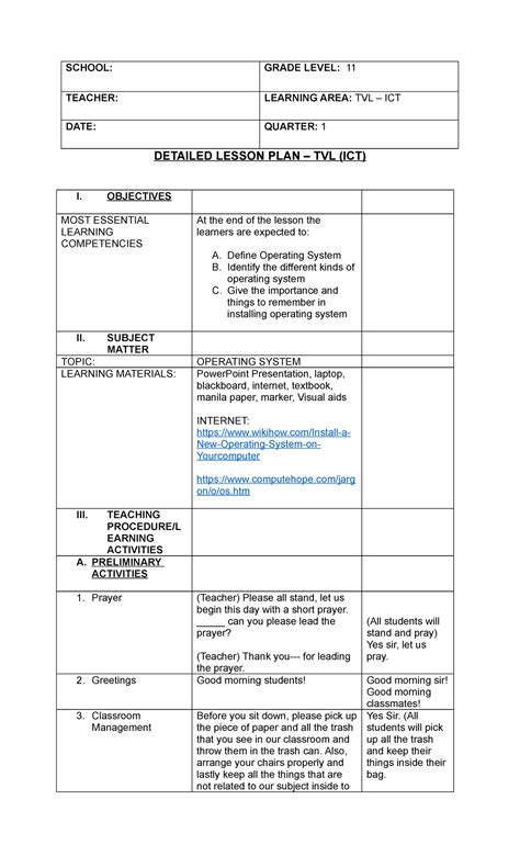 Shs Tvl Ict Lesson Plan School Grade Level 11 Teacher Learning Area Tvl Ict Date