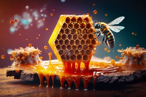 Honeycomb With Bee Sitting On Top Of It And Dripping Honey Generative