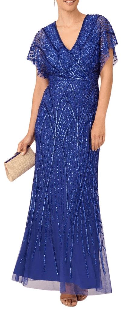 Adrianna Papell Ultra Blue Womens Embellished Flutter Sleeve Gown Us 18