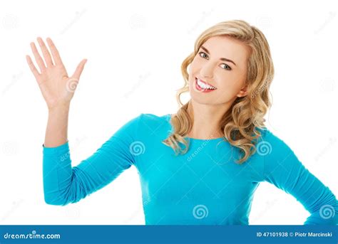 Portrait Of A Woman Waving To The Camera Stock Photo Image Of