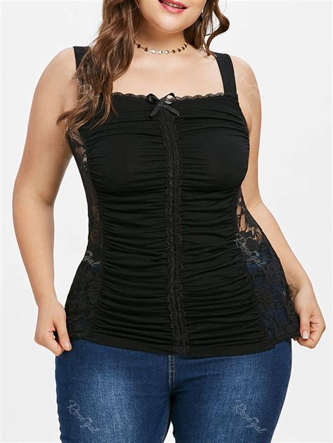 Off Plus Size Sheer Lace Trim Ruched Tank Top Rosegal