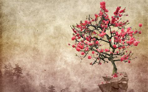 Wallpaper Painting Pink Flowers Red Branch Texture Blossom