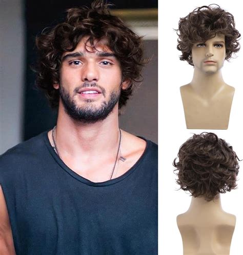 Tseses Mens Curly Brown Wig Short Fluffy Natural Layered