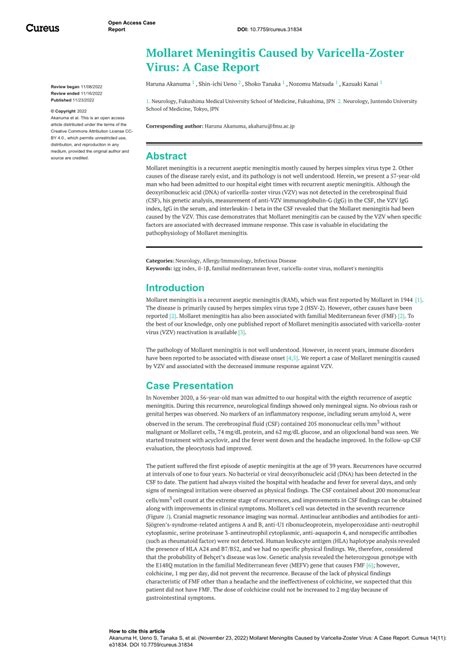 PDF Mollaret Meningitis Caused By Varicella Zoster Virus A Case Report