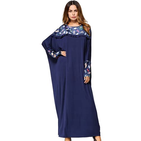 Muslim Maxi Dress Embroidery Abaya Bat Sleeve Print Loose Style Kimono