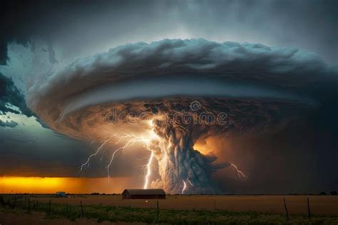 Thunderstorm Supercell With Giant Lightning Natural Disaster Made