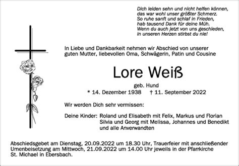 Traueranzeigen von Lore Weiß schwaebische de Trauerportal