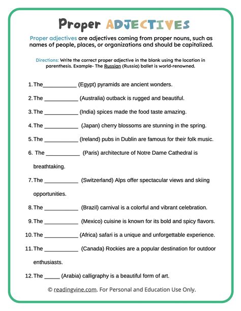 Common And Proper Adjectives Worksheets