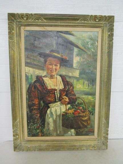 Framed Oil On Canvas Portrait Of Woman Carrying Basket Of Fruit