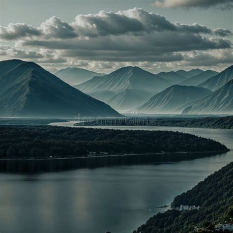 A Body Of Water Surrounded By Mountains Stock Illustration