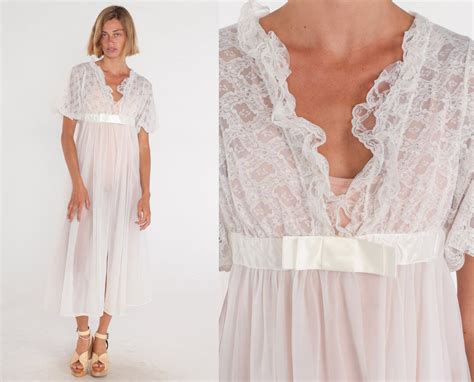 70s Lingerie Robe White Lace Bed Jacket Long Nightgown Pajama Robe Sheer Midi Nightie Open Front