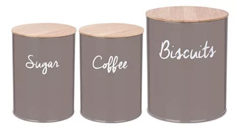 Kit Latas Porta Condimentos Coffee Sugar E Biscuits Cinza