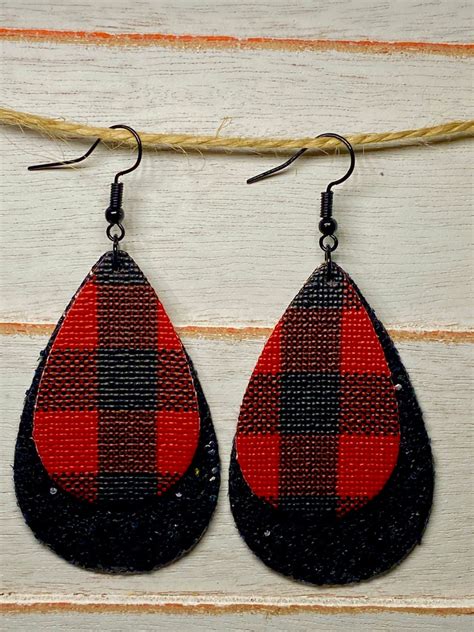 Buffalo Plaid Leather Earrings Christmas Plaid Earrings Etsy