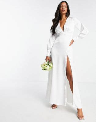 Blume Bridal Satin Plunge Front Maxi Dress With Wrap Skirt In White Asos