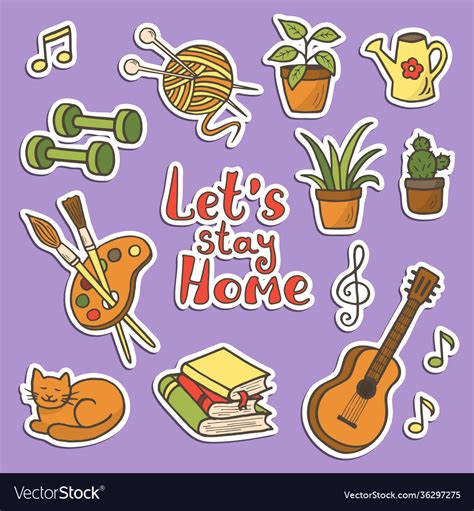 A Set Stickers With Home Activities And Hobbies Vector Image