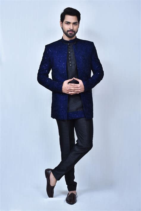 Buy Black Art Silk Embroidery Bandhgala And Short Kurta Set For Men By