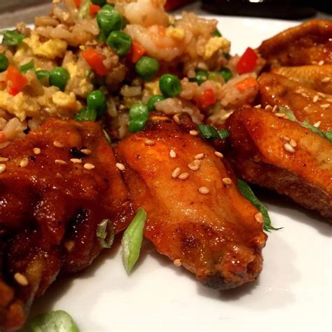 Sriracha Honey Garlic Chicken Wings With Shrimp Fried Rice Honey Garlic Chicken Wings Food