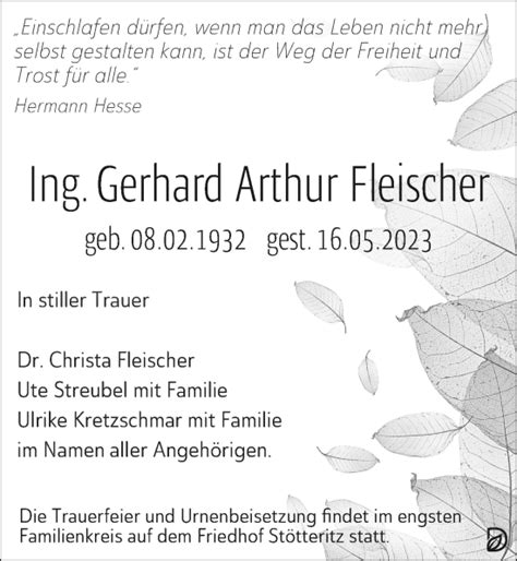 Traueranzeigen Von Gerhard Arthur Fleischer Trauer Anzeigen De