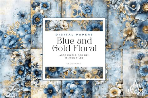 Blue And Gold Floral Junk Journal Pages Graphic By Cecily Arts