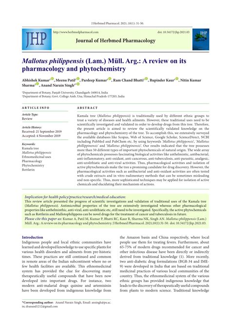 Pdf Mallotus Philippensis Lam M Ll Arg A Review On Its