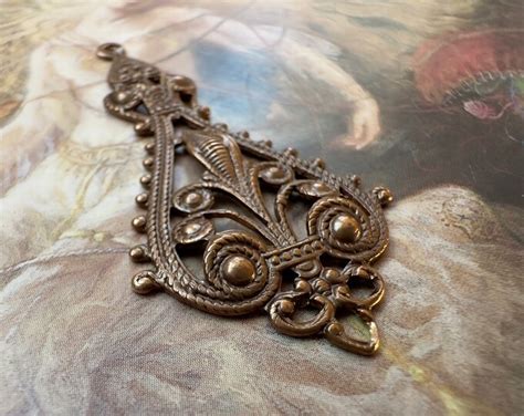 Vintage Solid Brass Art Deco Filigree Etruscan Ornate Pendant Piece Old Tooled Finding Stamping