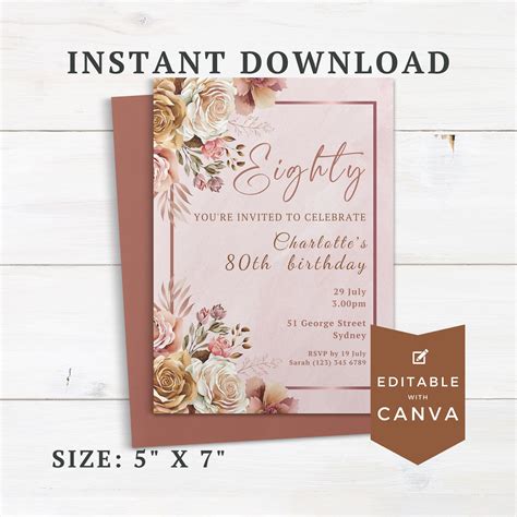 Rose Gold 80th Birthday Invitation Instant Download Invites Female