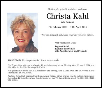 Traueranzeigen Von Christa Kahl Rz Trauer De