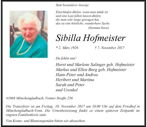 Alle Traueranzeigen F R Sibilla Hofmeister Trauer Rp Online De