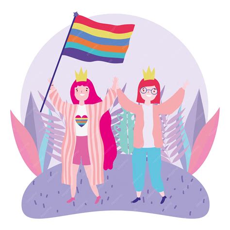 Premium Vector Pride Parade Lgbt Community Celebrating Two Women With Crown And Flag Rainbow